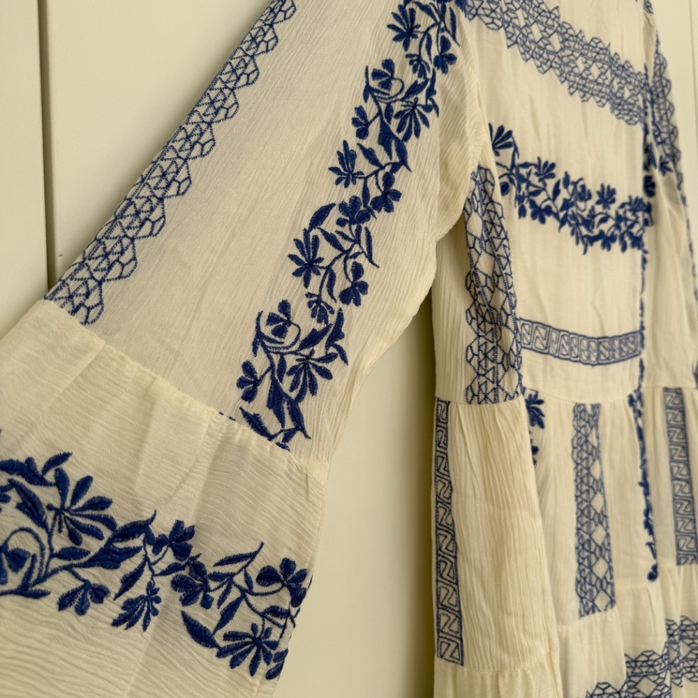 Hale Bob White Dress W/ Blue Embroidery - Size M - Picture 7 of 10
